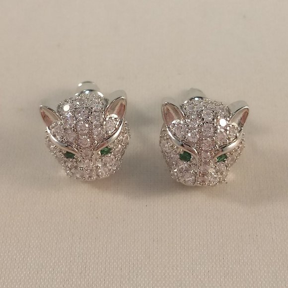 Mens Sterling Silver Emerald Diamond Zircon Panther Cat Stud Earrings Party Gift - Picture 7 of 12